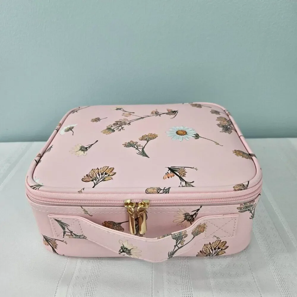 Makeup Cosmetic Case with Moveable Dividers Zipper & Pouches Pink w/Daisies